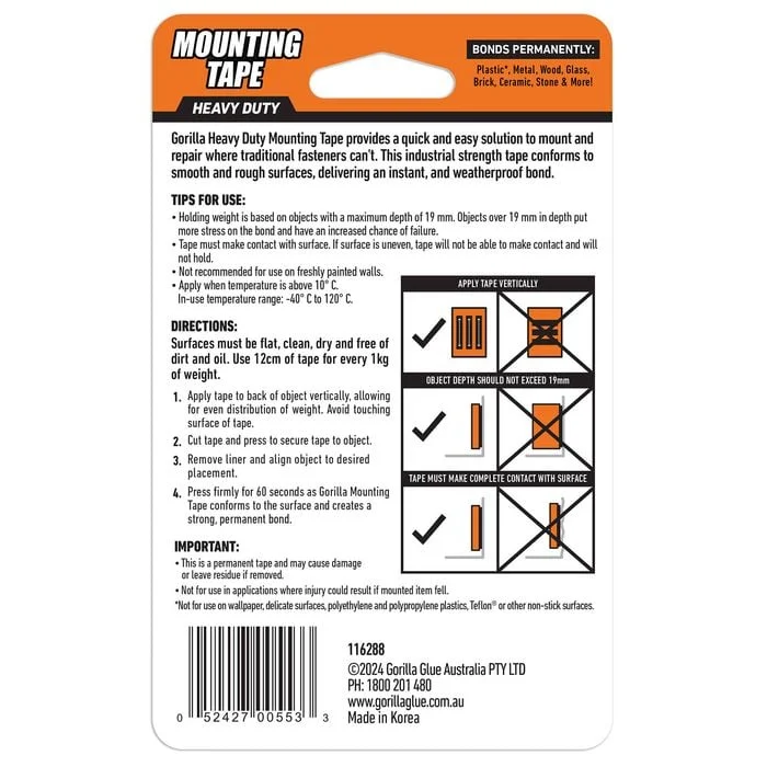 Gorilla Double Sided Mounting Tape Heavy Duty Holds 30lbs - 1.52m - Image 3
